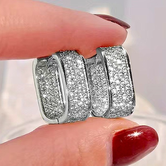 Silver Zircon Diamond White Gold Plated Pave Square Hoop Minimalist Earrings - Picture 2 of 3